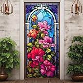 billige Dørdeksler-farget glass mandala dørdeksler veggmaleri dekor dør billedvev dør gardin dekorasjon bakteppe dør banner avtakbar for inngangsdør innendørs utendørs hjemme rom dekorasjon gårdshus dekor forsyninger