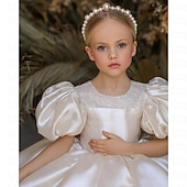 baratos Vestidos floridos-Infantil Para Meninas Vestido de daminha de honra Vestido de festa Côr Sólida Manga Longa Espetáculo Casamento Festa Com Transparência Princesa Doce Com Transparência Longuette Vestido da bainha