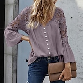 cheap Basic Women&#039;s Tops-Shirt Boho Shirt Lace Shirt Blouse Women&#039;s Black White Pink Solid Color Lace Button Street Daily Fashion V Neck S