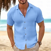 preiswerte Urlaub-Herren Hemd Sommerhemd Strandbekleidung Knopfhemd Schwarz Weiß Rosa Blau Khaki Kurzarm Glatt Kargen Casual Täglich Bekleidung Baumwolle und Leinen Modisch Komfortabel