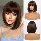 economico Parrucche da festa-parrucca bionda con frangia parrucche bionde corte e ondulate con radici scure per donne capelli sintetici resistenti al calore parrucche carine dall&#039;aspetto naturale per