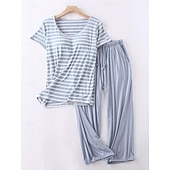 Women's Pajamas Sets Stripe Fashion Comfort Home Daily Bed Modal Breathable Crew Neck Short Sleeve T shirt Tee Pant Elastic Waist Chest pads Summer Home Outfits 10