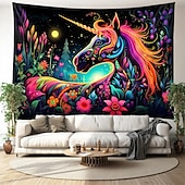 tanie Blacklight gobelin-gobelin z czarnym światłem UV reaktywny świecący w ciemności świecący neonowy jednorożec zwierzęcy psychodeliczny trippy mglisty wiszący gobelin ścienny sztuka mural do salonu sypialni