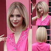 economico Parrucche da festa-parrucca bionda con frangia parrucche bionde corte e ondulate con radici scure per donne capelli sintetici resistenti al calore parrucche carine dall&#039;aspetto naturale per