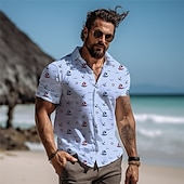 olcso Ocean Print-Férfi Csónak Ing Hawaii ing Aloha ing Rövid ujjú Ing Szabadság Divat Hawaii Szabadtéri Vakáció Hawaii Fehér Kék Lóhere S M L