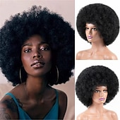 baratos Perucas de festa-Peruca Afro Peruca Afro dos anos 70 para Mulheres Negras Perucas Cacheadas Kinky com Franjas Peruca Curta e Cacheada Macia e Natural para Uso Diário Festa Perucas de Halloween