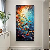 abordables Peintures à l&#039;huile-Peinture à l&#039;huile de poissons nageurs peints à la main sur toile, peinture animale extra large, art mural fait à la main, art abstrait de poisson, peinture personnalisée, décoration minimaliste pour