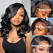 voordelige Pruiken van echt haar, met kanten voorzijde-kant voorpruik kort krullend bob pruik lace front bob pruiken voor zwarte vrouwen grote krullend dame zijdeel pruiken menselijk haar body wave pruik voor vrouwen zwart