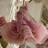 abordables Robes de fête-Enfants Fille Robe de fête Couleur unie Manches 3/4 Utilisation Mariage Maille Princesse Doux Maille Mi-mollet Robe Fourreau Robe en Tulle Robe de demoiselle d&#039;honneur Eté Printemps Automne 2-12 ans