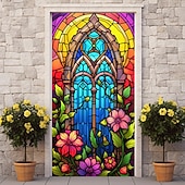 billige Dørdeksler-farget glass mandala dørdeksler veggmaleri dekor dør billedvev dør gardin dekorasjon bakteppe dør banner avtakbar for inngangsdør innendørs utendørs hjemme rom dekorasjon gårdshus dekor forsyninger
