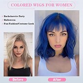 cheap Synthetic Trendy Wigs-Bob Wig With Bangs Short Wavy Blue Wig Women Synthetic Colored Bachelorette Wigs Shoulder Length Party Halloween Christmas Fun Cosplay Wigs