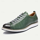 baratos Tênis de couro premium-tênis casuais masculinos de couro bovino premium – design de cadarço com relevo verde e detalhes em preto, confortável e durável
