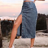 abordables Jupes-Femme Jupe Jupe mi-longue en jean Mode Décontractées Midi Taille haute Jupes Couleur Pleine Pointes fourchues Casual Quotidien Fin de semaine Noir bleu marine Bleu de minuit Eté Jean
