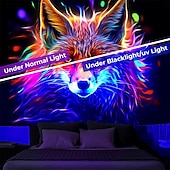 رخيصةأون Tapestries Blacklight-لوحة فنية جدارية معلقة على شكل نسيج أسود متوهج في الظلام، تفاعلي مع الأشعة فوق البنفسجية، حفلة متوهجة على شكل حيوان ثعلب مخدر ضبابي لغرفة المعيشة وغرفة النوم