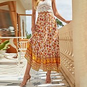 abordables Jupes-Femme Jupe Trapèze Balançoire Bohême Mode Décontractées Bohème Maxi Taille haute Jupes Floral Cordon Imprimer Pointes fourchues Vacances du quotidien Jaune Rouge Vert Eté Rayonne