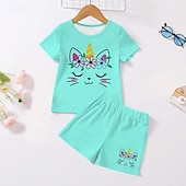 cheap Girl&#039;s 3D Cartoon-Girls&#039; 3D Unicorn Tee &amp; Shorts Pajama Set Pink Short Sleeve 3D Print Summer Active Fashion Cute Polyester Kids 3-12 Years Crew Neck Home Causal Indoor Regular Fit