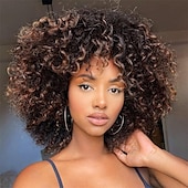 economico Parrucche da festa-Parrucche ricce per donne nere 14 pollici parrucche afro ricce morbide con frangia parrucche ricce miste in tinta biondo marrone parrucche ricce complete per uso quotidiano parrucche di Halloween