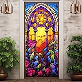 billige Dørdeksler-farget glass mandala dørdeksler veggmaleri dekor dør billedvev dør gardin dekorasjon bakteppe dør banner avtakbar for inngangsdør innendørs utendørs hjemme rom dekorasjon gårdshus dekor forsyninger
