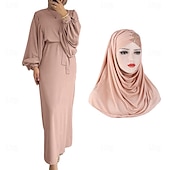 baratos Islâmico Arábico-conjunto com vestido abaya feminino vestido maxi muçulmano árabe com cinto vestido religioso árabe saudita lenços hijab cachecol envoltório headpiece ramadan religioso 2 peças feminino ramadan árabe
