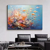 cheap Animal Paintings-Hand painted Abstract Swimming Fishes Oil Painting on Canvas Extra Large Handmade Wall Art  Blue Ocean Art painting Custom Painting Minimalist artwork for Living Room Decor