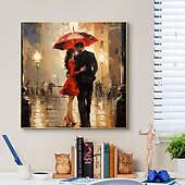 cheap People Paintings-Walking In The Rain Stretched Canvas Handpainted Wall Art Colorful Abstract Pop Art Design Lover Walking With An Umbrella In The Rain Stretched Canvas