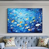 cheap Animal Paintings-Hand painted Abstract Swimming Fishes Oil Painting on Canvas Extra Large Handmade Wall Art  Blue Ocean Art painting Custom Painting Minimalist artwork for Living Room Decor