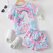 cheap Girl&#039;s 3D Cartoon-Girls&#039; 3D Unicorn Tee &amp; Shorts Pajama Set Pink Short Sleeve 3D Print Summer Active Fashion Cute Polyester Kids 3-12 Years Crew Neck Home Causal Indoor Regular Fit