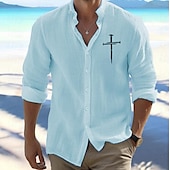 voordelige Vakantie-Voor heren Overhemd Strand hemd Overhemd met knopen Geloof Buiten Vakantie Zwart Wit Oranje Licht Grijs Lange mouw Opstaande boord Lente &amp; Herfst Kleding Afdrukken