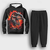billiga Pojkens 3D-djur-Pojkar 3D Dinosaurie Huvtröja &amp; träningsbyxor Set Långärmad 3d-utskrivning Vår Höst Aktiv Mode Häftig Barn 3-12 år Huva Utomhus Semester Gata Normal