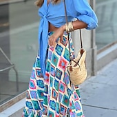 billiga Kjolar-damkjol en linje gunga bohemia maxi hög midja kjolar med blommönster geometriskt rutigt gatesemester sommar casual boho blå