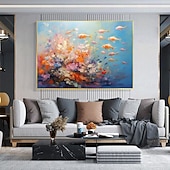 cheap Animal Paintings-Hand painted Abstract Swimming Fishes Oil Painting on Canvas Extra Large Handmade Wall Art  Blue Ocean Art painting Custom Painting Minimalist artwork for Living Room Decor