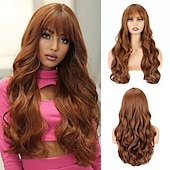 abordables Perruques Synthétiques Sans Bonnet-Perruque ondulée longue marron moyen avec frange pour femme 26 pouces d&#039;aspect naturel en fibre synthétique résistante à la chaleur de remplacement de cheveux d&#039;aspect naturel perruque longue ondulée