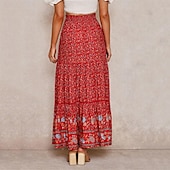 tanie Spódnice graficzne-spódnica damska linia swing bohemia maxi spódnice z wysokim stanem kwiatowy wzór kwiatowy wakacje wakacje lato casual boho morela czerwony
