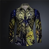 cheap Animal Print-Men&#039;s Color Block Wolf Colorful Button Up Shirt Printed Shirts Long Sleeve Subcultural Vacation Party Street Spring &amp; Summer Turndown Print Button-Down Pink Blue Purple Green