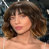 economico Parrucche trendy sintetiche-parrucche marrone scuro per le donne parrucca bob corta ondulata con frangia per le donne parrucche sintetiche a onde corte ricce parrucche per capelli in fibra resistente al calore per tutti i giorni