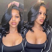 voordelige Pruiken van echt haar, met kanten voorzijde-kant voorpruik kort krullend bob pruik lace front bob pruiken voor zwarte vrouwen grote krullend dame zijdeel pruiken menselijk haar body wave pruik voor vrouwen zwart