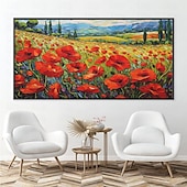 preiswerte Blumen-/Botanische Gemälde-Ölgemälde, handgemaltes Mohnfeld-Gemälde, Kunstwerk, handgefertigtes Wildblumen-Ölgemälde, Landschaft, rote Mohnblumen, Ölgemälde für Wohnzimmer, Schlafzimmer, Hotelwand, Heimdekoration
