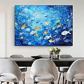 cheap Animal Paintings-Hand painted Abstract Swimming Fishes Oil Painting on Canvas Extra Large Handmade Wall Art  Blue Ocean Art painting Custom Painting Minimalist artwork for Living Room Decor