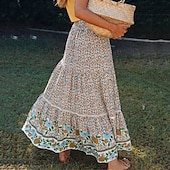 tanie Spódnice graficzne-spódnica damska linia swing bohemia maxi spódnice z wysokim stanem kwiatowy wzór kwiatowy wakacje wakacje lato casual boho morela czerwony