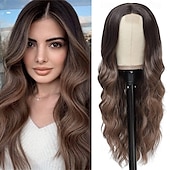 economico Parrucche trendy sintetiche-parrucca ondulata lunga marrone per le donne parrucca riccia da 26 pollici con parte centrale fibra proteica premium parrucca sostitutiva dei capelli dall&#039;aspetto naturale per l&#039;uso quotidiano del