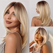 economico Parrucche da festa-parrucca bionda con frangia parrucche bionde corte e ondulate con radici scure per donne capelli sintetici resistenti al calore parrucche carine dall&#039;aspetto naturale per