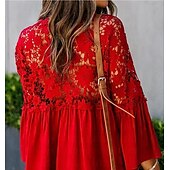 cheap Basic Women&#039;s Tops-Shirt Boho Shirt Lace Shirt Blouse Women&#039;s Black White Pink Solid Color Lace Button Street Daily Fashion V Neck S