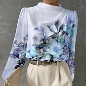 abordables Hauts Floraux-Blouse Femme Longue Manches Mode Imprimé Floral Tops Régulier Col Rond Travail Blanc Rose Bleu Vert Printemps  Automne