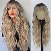 economico Parrucche trendy sintetiche-parrucche bianche con frangia per le donne parrucca sintetica ondulata lunga parrucca colorata parrucche resistenti al calore per feste cosplay