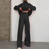 billiga Loungewear till damer-dam loungewear sweatsuit set 2 delar ren färg mode avslappnad komfort hem gå ut flygplats stickad hög hals långärmad pullover byxa höst vinter hem outfits
