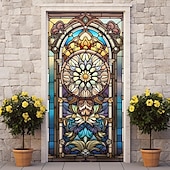 billige Dørdeksler-farget glass mandala dørdeksler veggmaleri dekor dør billedvev dør gardin dekorasjon bakteppe dør banner avtakbar for inngangsdør innendørs utendørs hjemme rom dekorasjon gårdshus dekor forsyninger