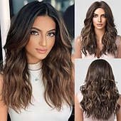 abordables Perruques Synthétiques Sans Bonnet-Perruques blondes sales ombrées avec frange blonde longue perruque ondulée pour femmes perruque de cheveux synthétiques bouclés longs pour usage quotidien de fête 24 pouces