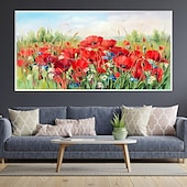 preiswerte Blumen-/Botanische Gemälde-Ölgemälde, handgemaltes Mohnfeld-Gemälde, Kunstwerk, handgefertigtes Wildblumen-Ölgemälde, Landschaft, rote Mohnblumen, Ölgemälde für Wohnzimmer, Schlafzimmer, Hotelwand, Heimdekoration