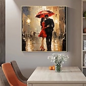 cheap People Paintings-Walking In The Rain Stretched Canvas Handpainted Wall Art Colorful Abstract Pop Art Design Lover Walking With An Umbrella In The Rain Stretched Canvas