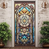 billige Dørdeksler-farget glass mandala dørdeksler veggmaleri dekor dør billedvev dør gardin dekorasjon bakteppe dør banner avtakbar for inngangsdør innendørs utendørs hjemme rom dekorasjon gårdshus dekor forsyninger
